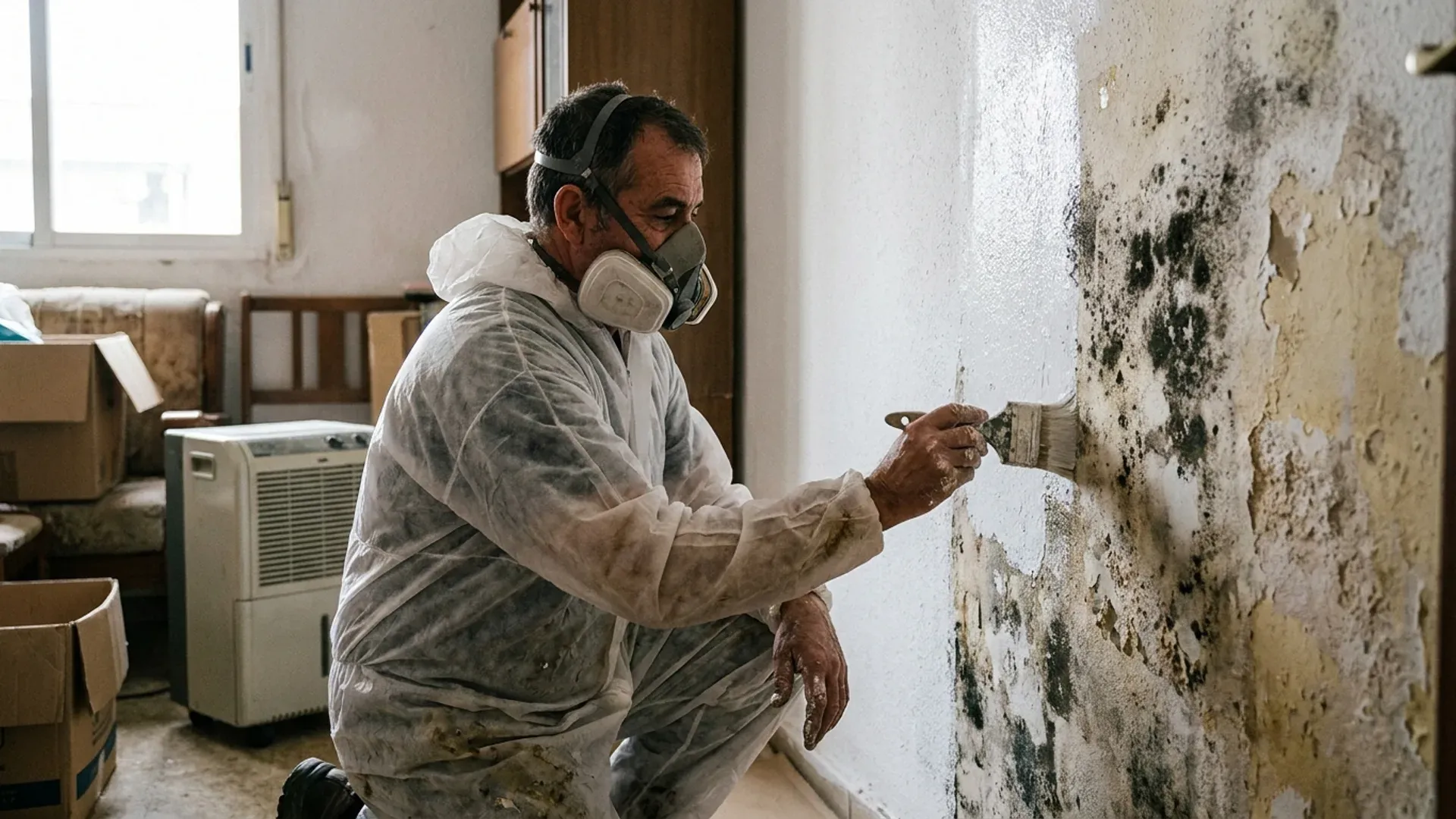 Pared interior con tratamiento profesional antihumedad aplicado, sin moho visible