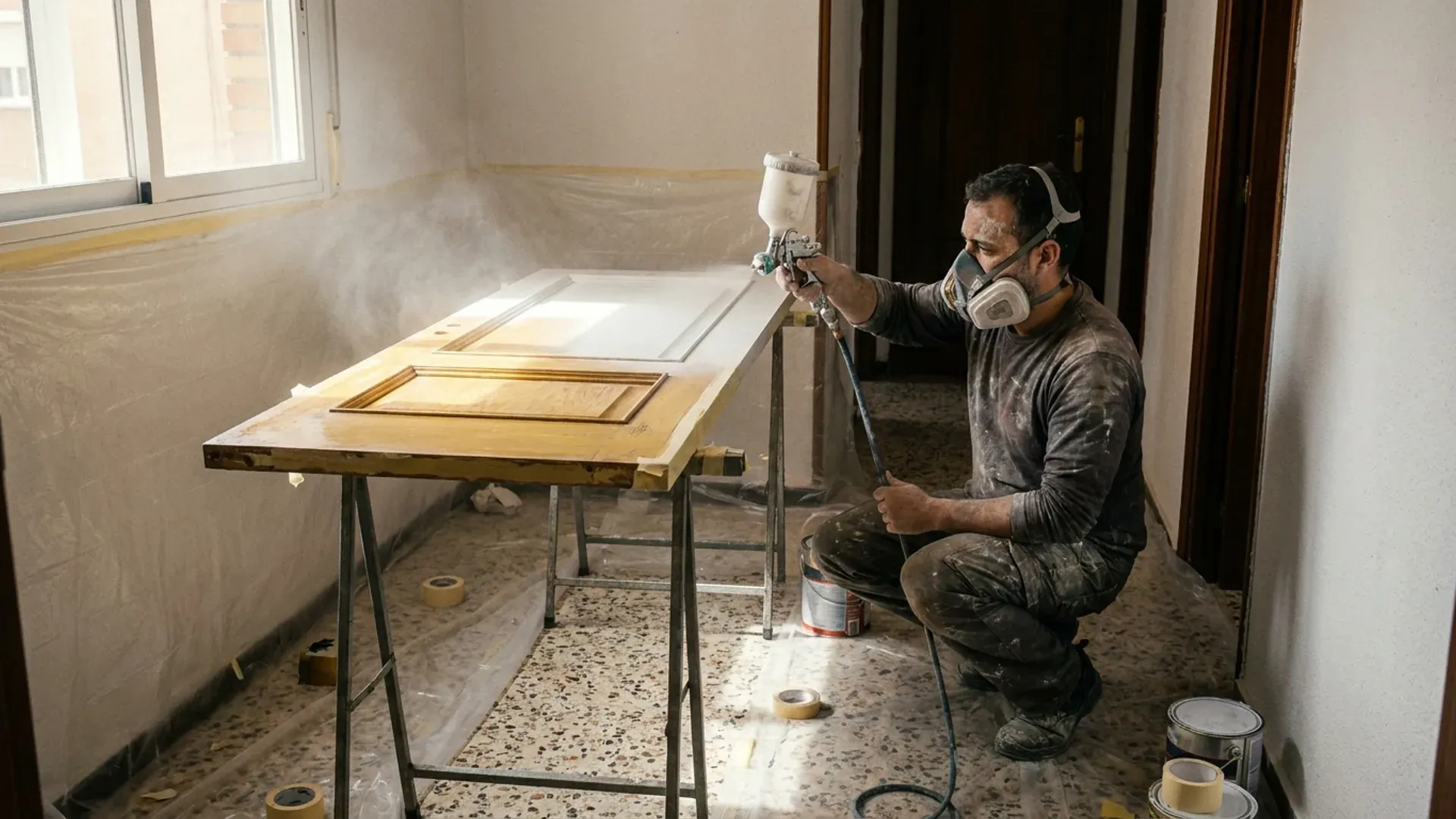 Puertas blancas lacadas con acabado profesional en pasillo amplio