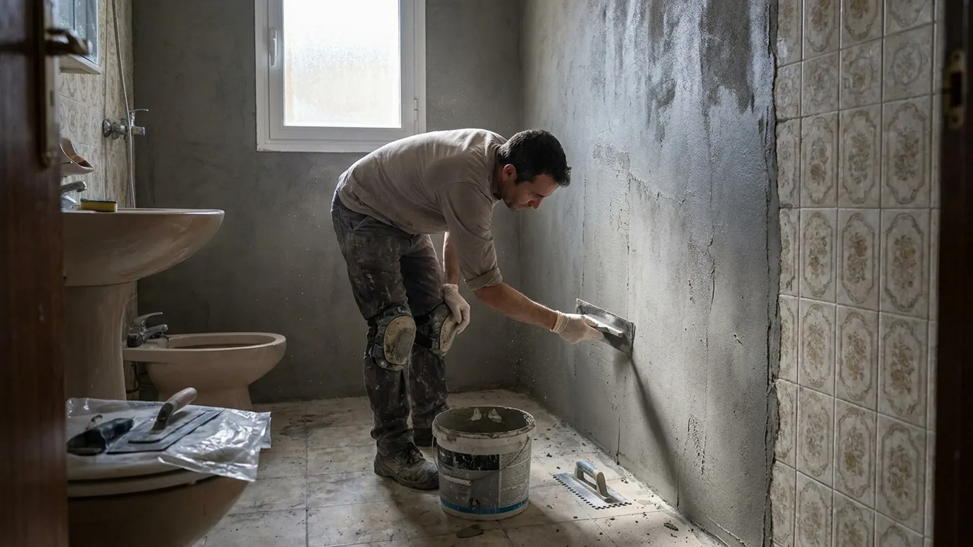 Baño moderno con microcemento gris claro aplicado en paredes y suelo