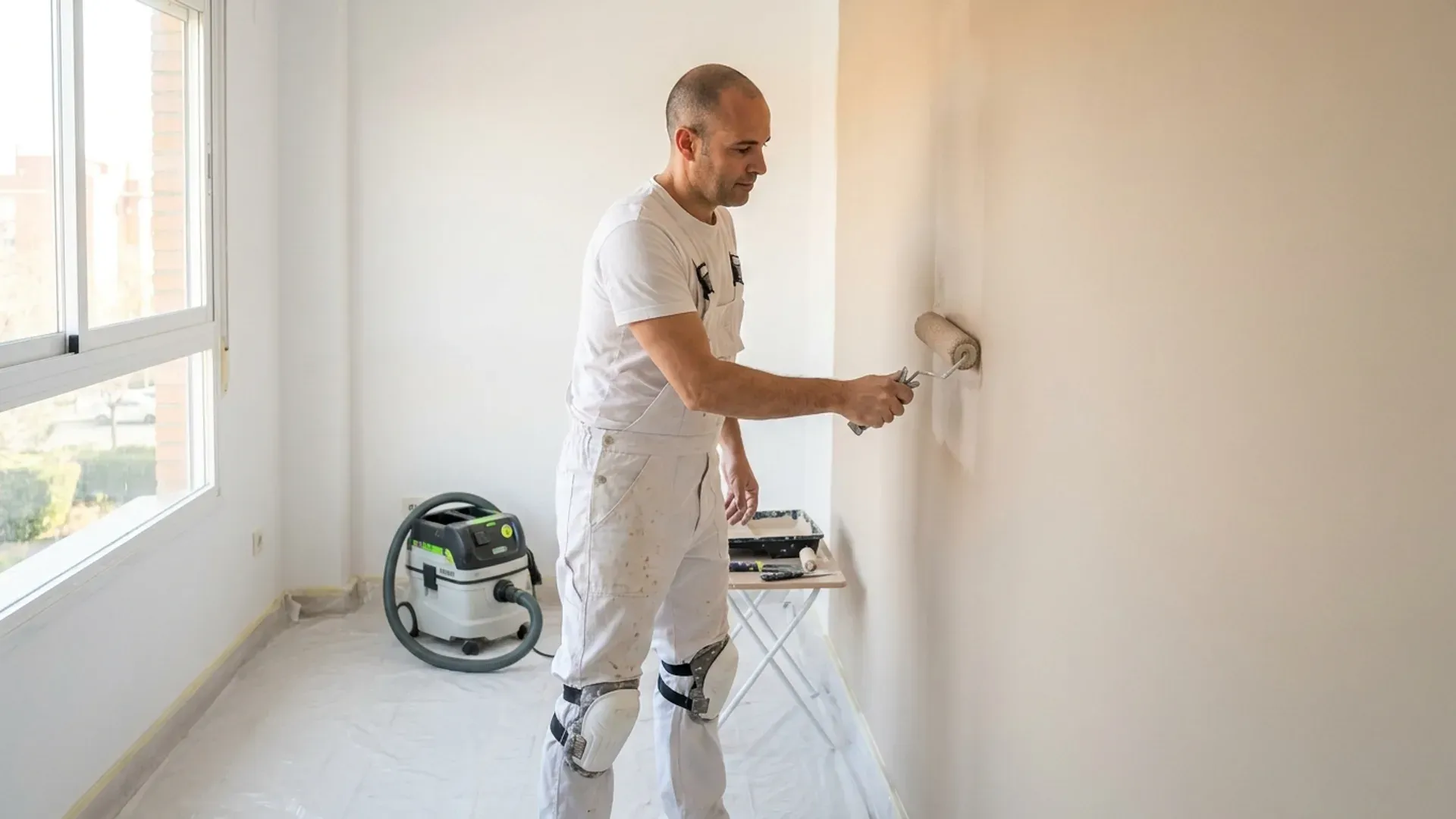 Equipo profesional aplicando pintura con sistema HEPA en habitación luminosa