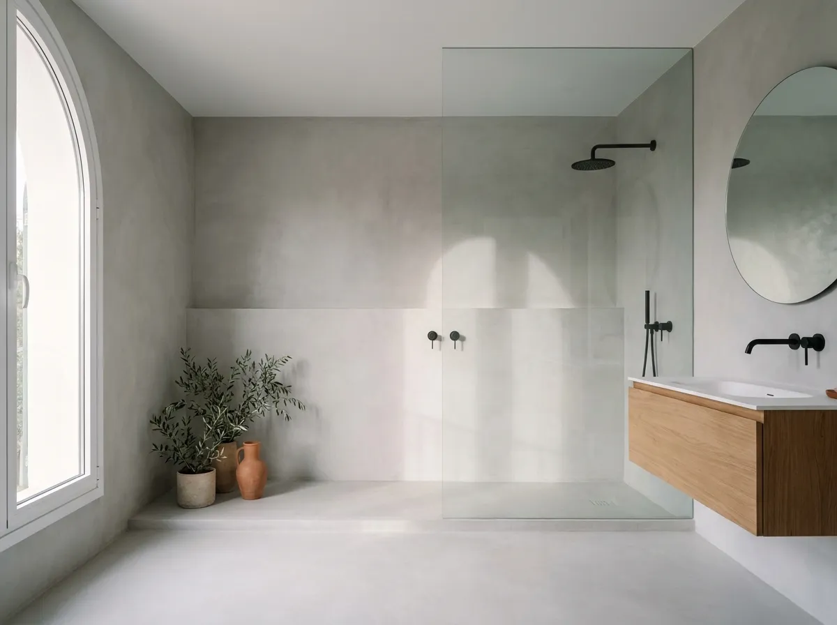 Baño moderno con microcemento gris claro aplicado en paredes y suelo