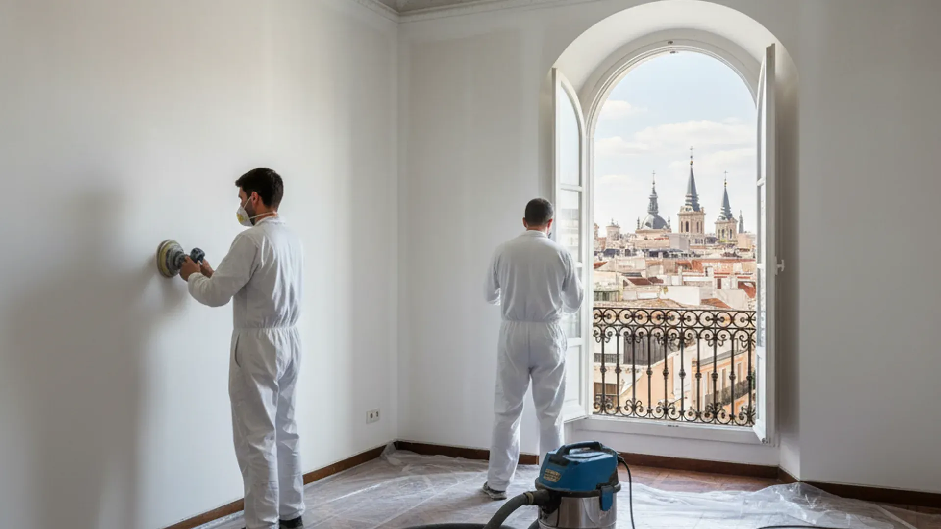Equipo SinPolvo trabajando en una vivienda de Madrid Centro con sistema HEPA